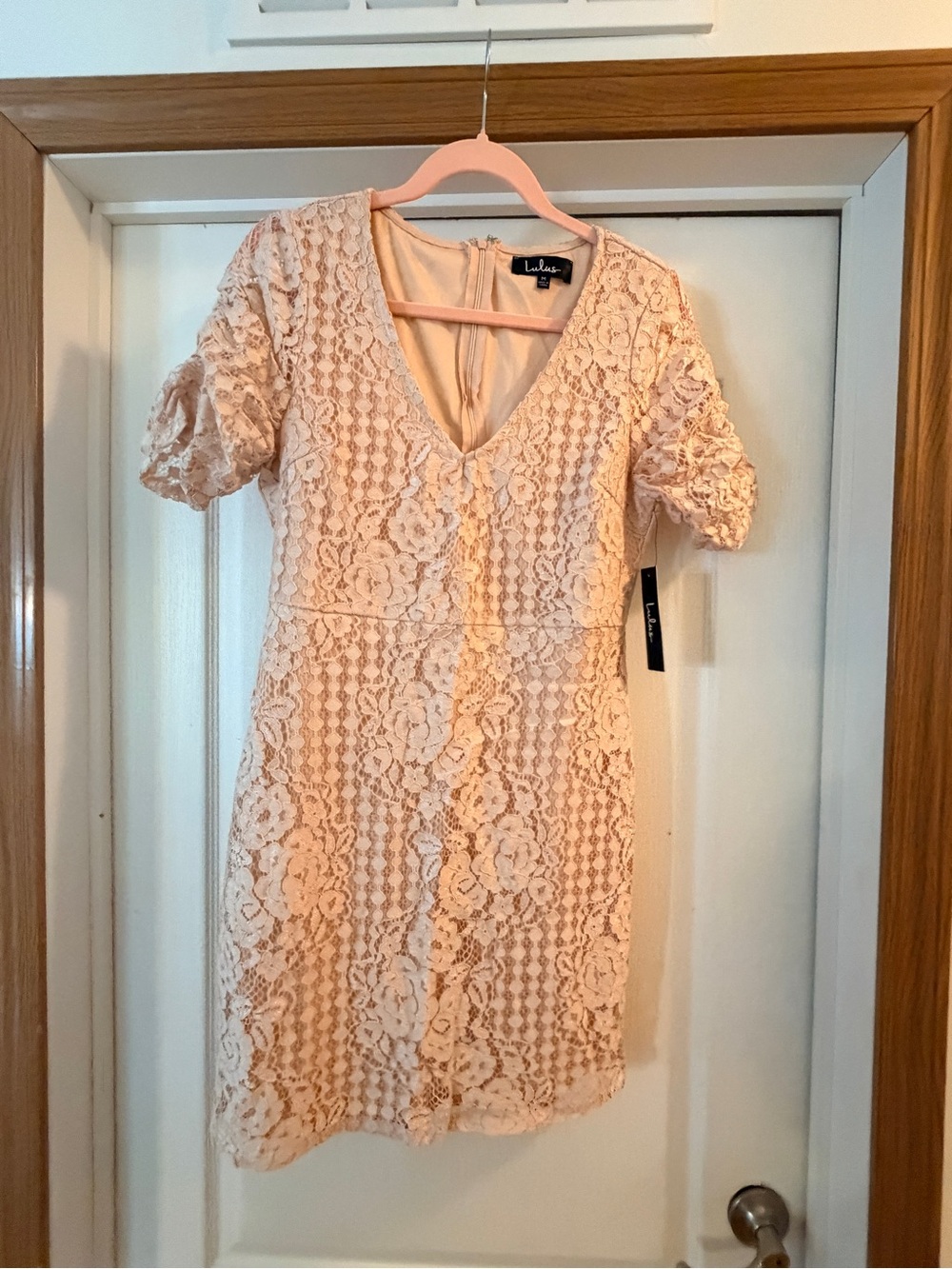 Lulu's Blush Lace V Neck Short Sleeve Dress